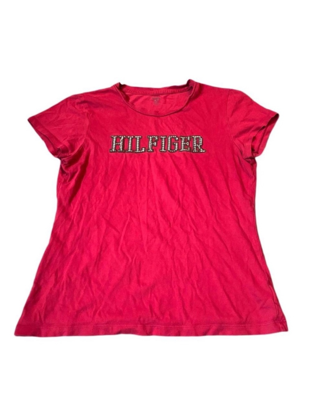 Vintage Y2K Tommy Hilfiger Red Embroidered Logo Spellout Tee Medium